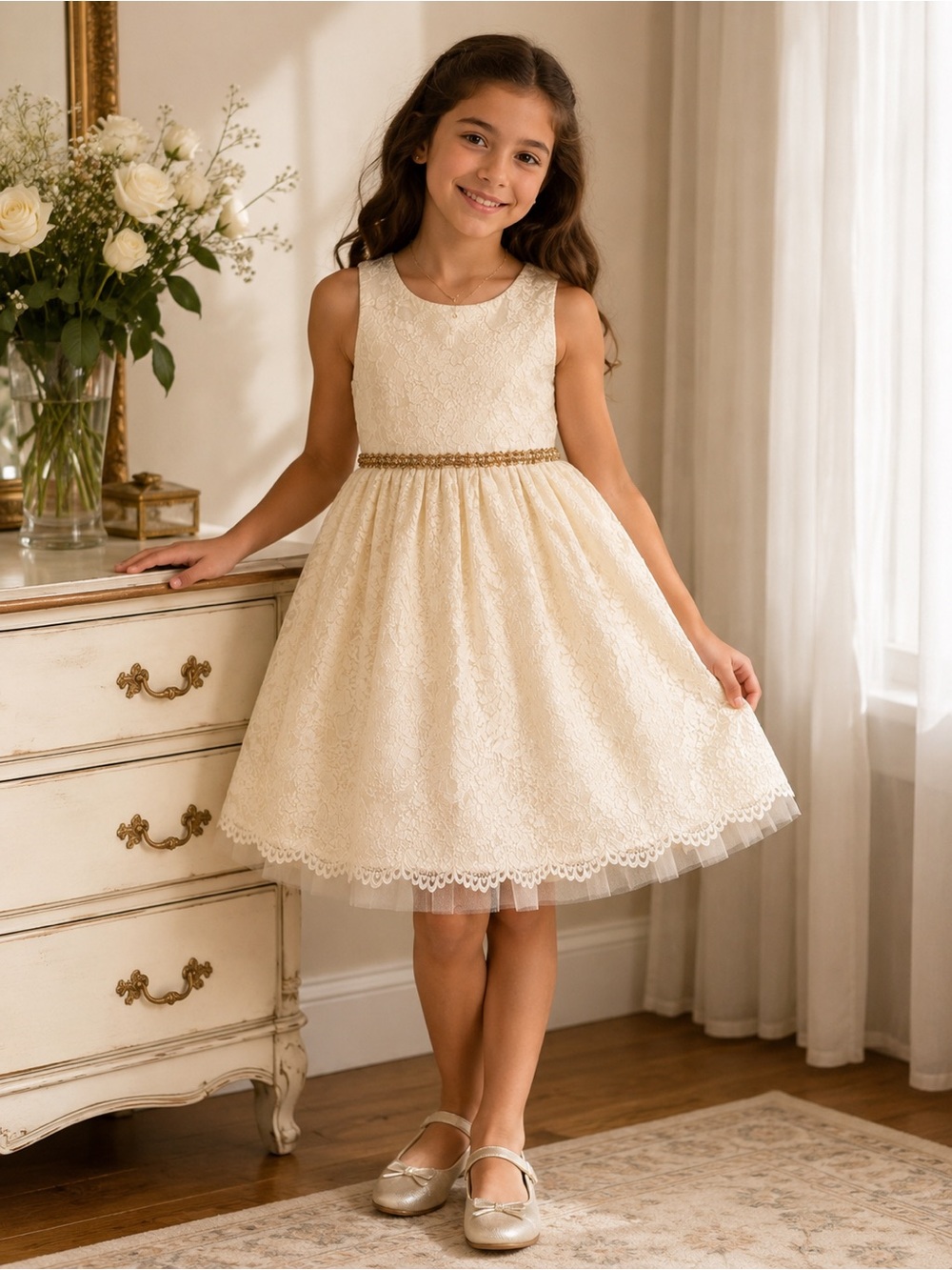 American Princess Ivory Lace Dress with Gold Beaded Waist